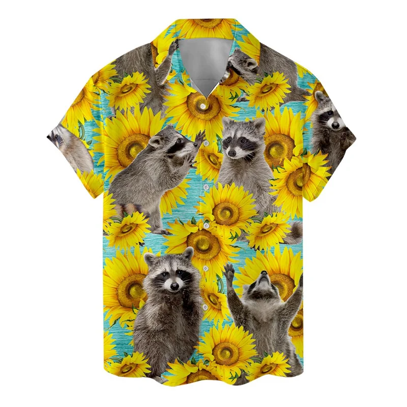 Tier Katze Waschbär Hawaiian Shirts Männer 3D Druck Dinosaurier Muster Hemd Knopf Revers Kurzen Ärmeln Mode Aloha Hemd Kleidung