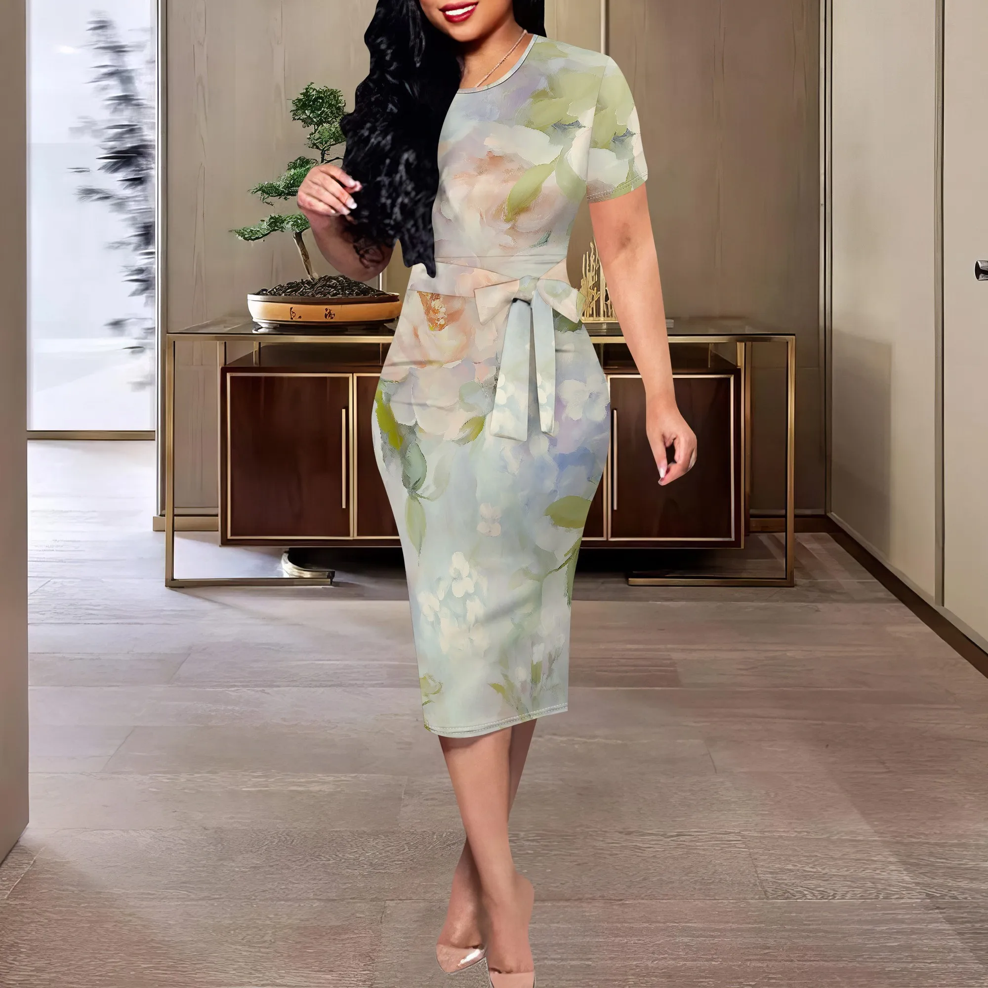 

Watercolor Floral Midi Dress XS-3XL Short Sleeve Belted Style for Wedding Guest, Mother's Day or Elegant Church Look