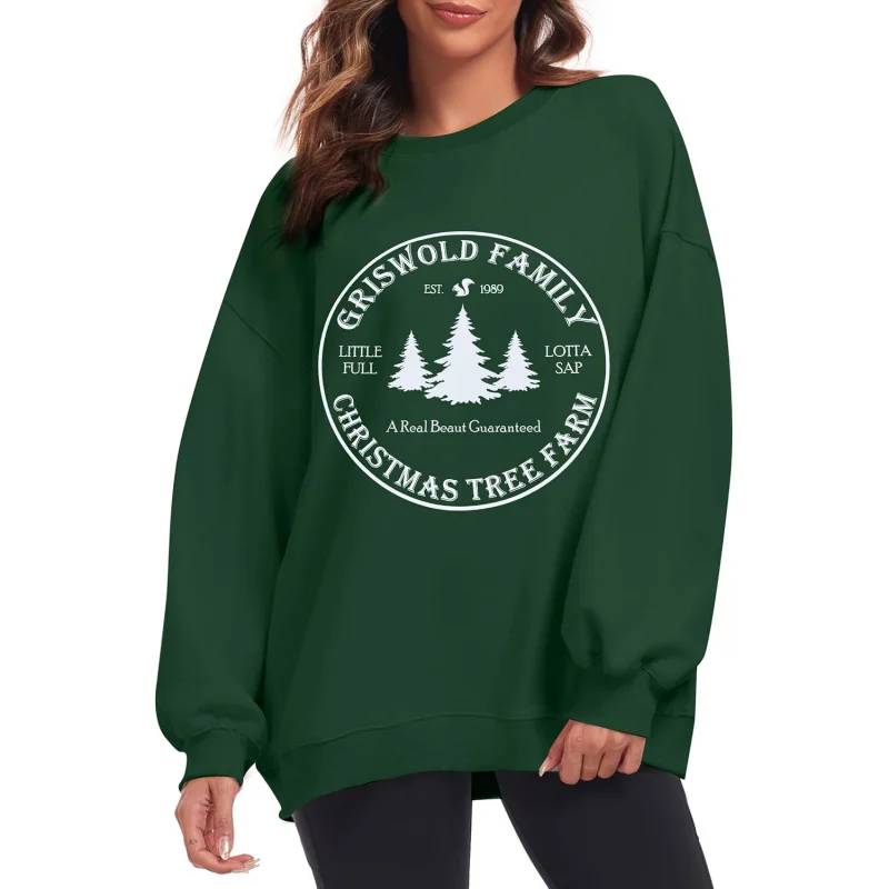 Women's Christmas Sweatshirt Griswold Tree Farm Sweater Round Neck Pullover Casual Top Long Sleeved Green