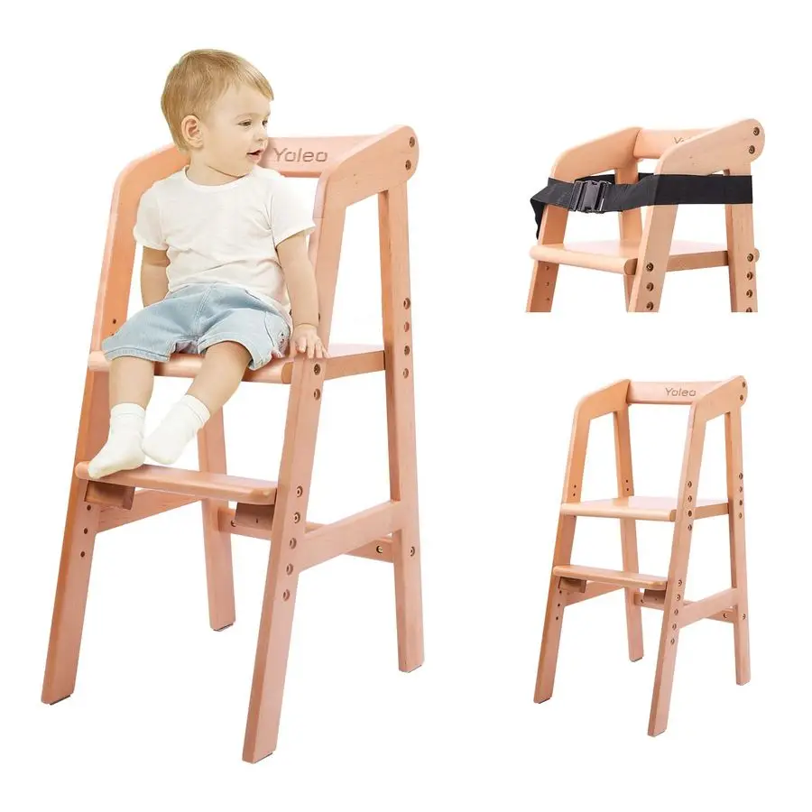 

High Chair Wooden for Toddlers Junior Childs, Sturdy Durable Dining Feeding Chair with Steps Grows with Child, Max 60kg Natural