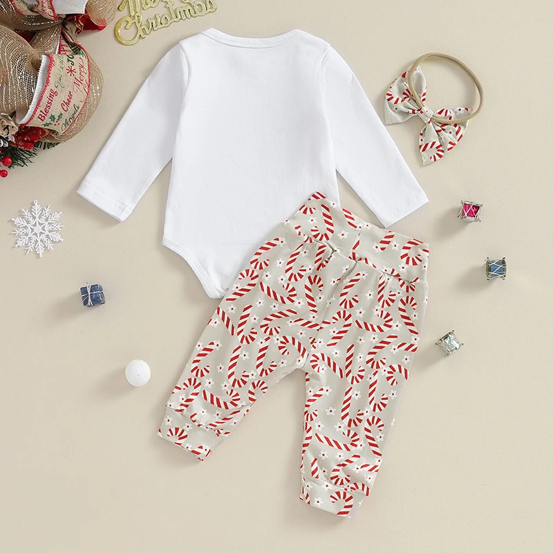 

Baby Girls Boys Christmas Outfits Letter Print Long Sleeve Rompers Candy Cane Print Long Pants Headband 3Pcs Clothes Set