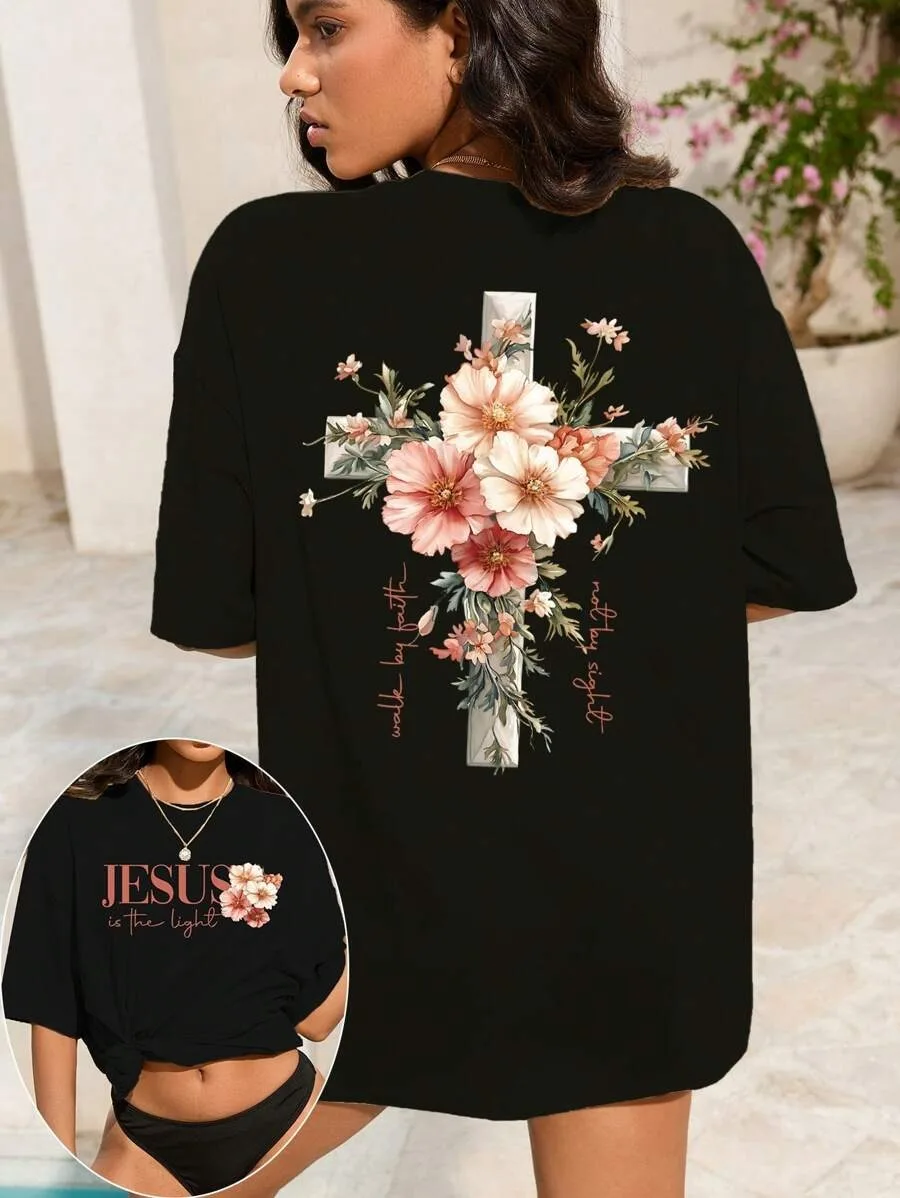 

Plus - Size Casual Religious - themed Tee, Black Short - Sleeve with Inspirational Print