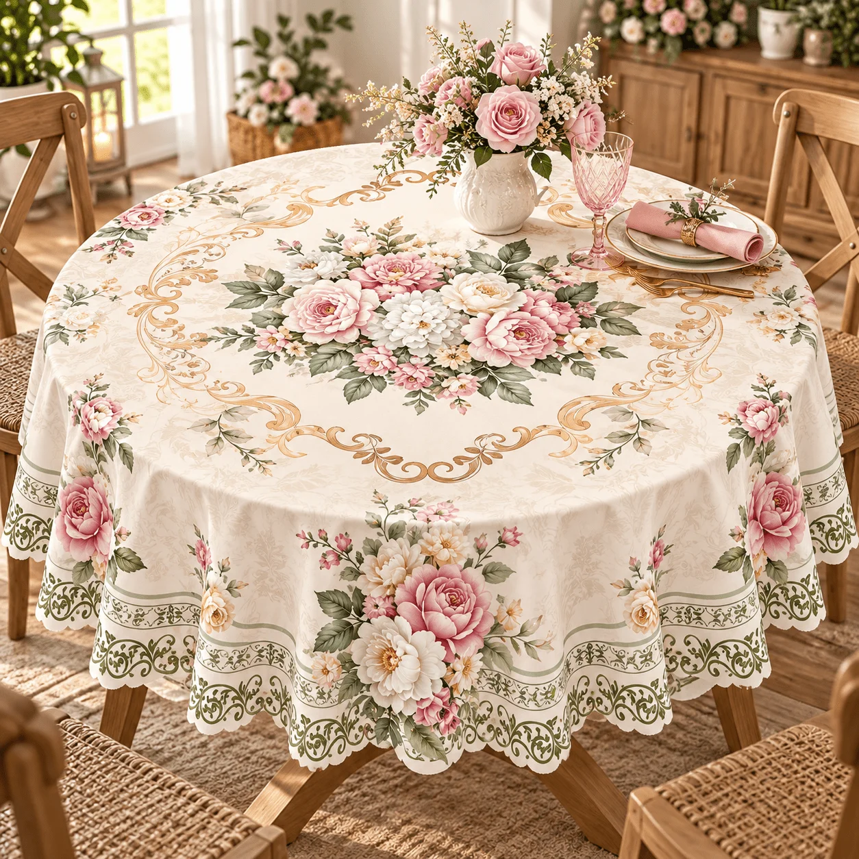 One round tablecloth, vintage pink rose floral print, gold European patterns with green vine trim