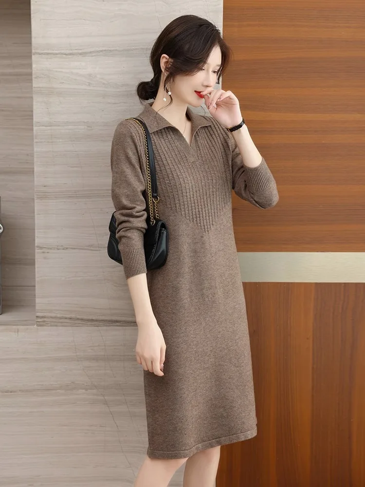 Oversize Women Knitting Sweater Dress For Spring Autumn 2024 New Casual Turn Collar Pullover Solid Patchwork Slim Female Dresses