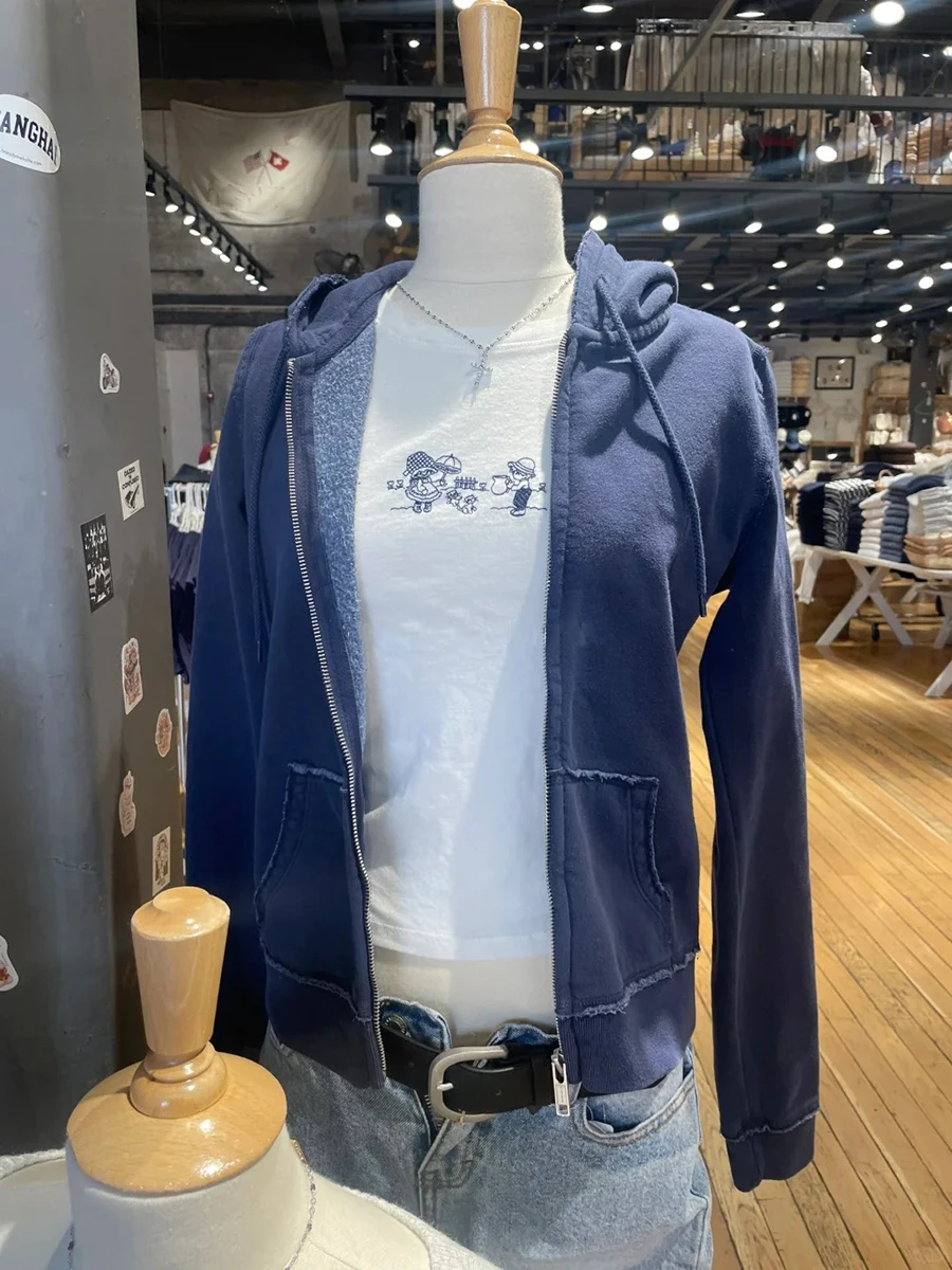 Vintage ourlet brut poche marine sweats hauts femmes nouveau coton décontracté cordon pull zippé manteau Preppy Style recadrée à capuche