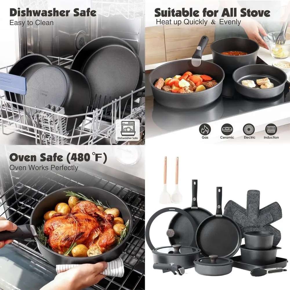

24-Piece Nonstick Detachable Handle Cookware Set, Induction Compatible, Oven and Dishwasher Safe for RV Use (Black)
