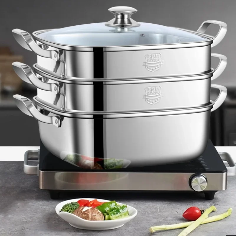 30cm Multilayers Square Steamer 316 Stainless Steel Thicken Steamer Pot Induction Cooker and Gas Stove Universal Use Boiler