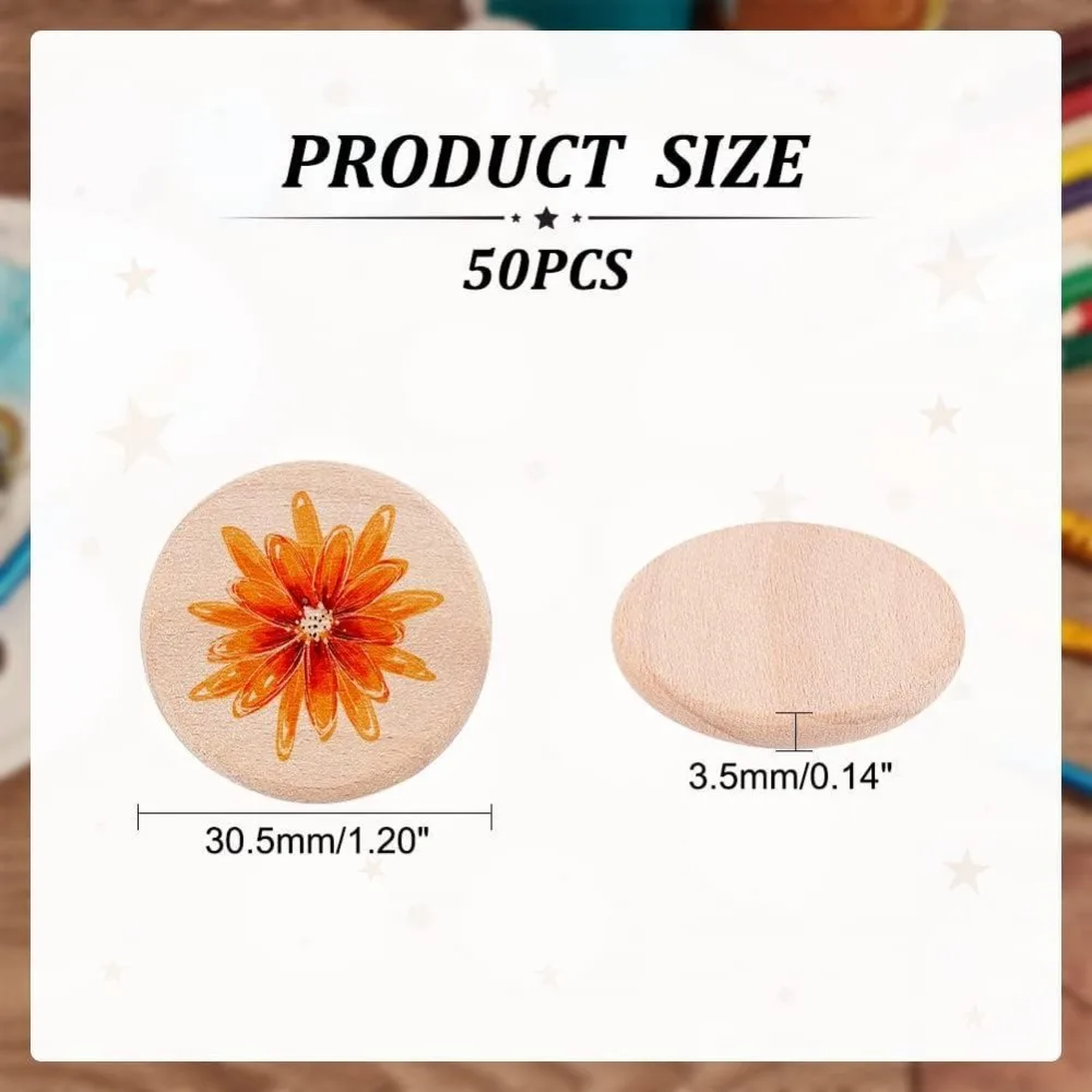 50Pcs 30.5mm Blank Beech Wood Slices Log Color Flat Round Wooden Discs 3.5mm Thick Without Textures Smooth Unfinished Wooden