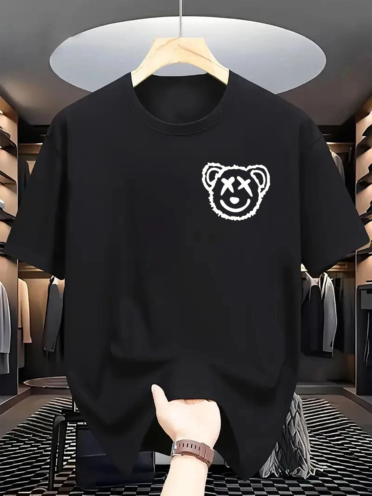 2025 Summer New Men 100% Cotton Cartoon Bear Doodle Design Casual Short Sleeve Outdoor Sports Breathable and Comfortable T-shirt