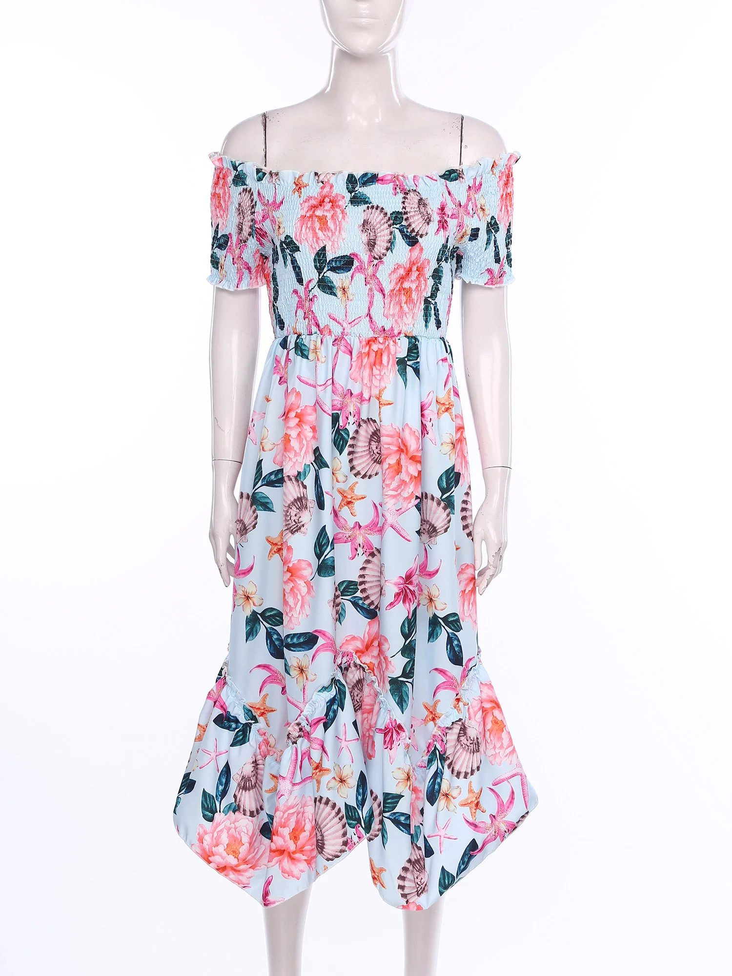 Vestidos florais femininos fora do ombro bainha irregular boho vestido casual praia férias festa vestido de verão feminino roupões de cintura alta