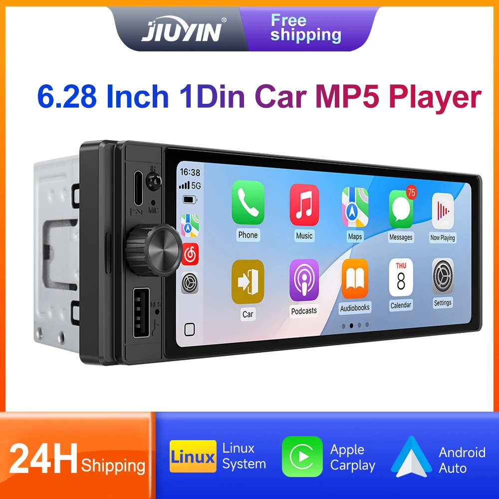 

JIUYIN 6,28 "автомобильный радиоприемник, беспроводной CarPlay, Android Auto, универсальный 1 Din, мультимедийный видео MP5-плеер, FM-стереоприемник, камера BT