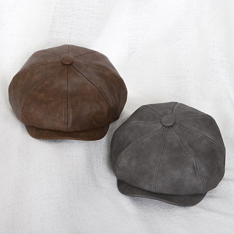 PU Leather Newsboy Hat for Baby Solid Color Children\'s Beret Hats Retro Octagonal Cap Boys Girls Autumn Winter Accessories Korea