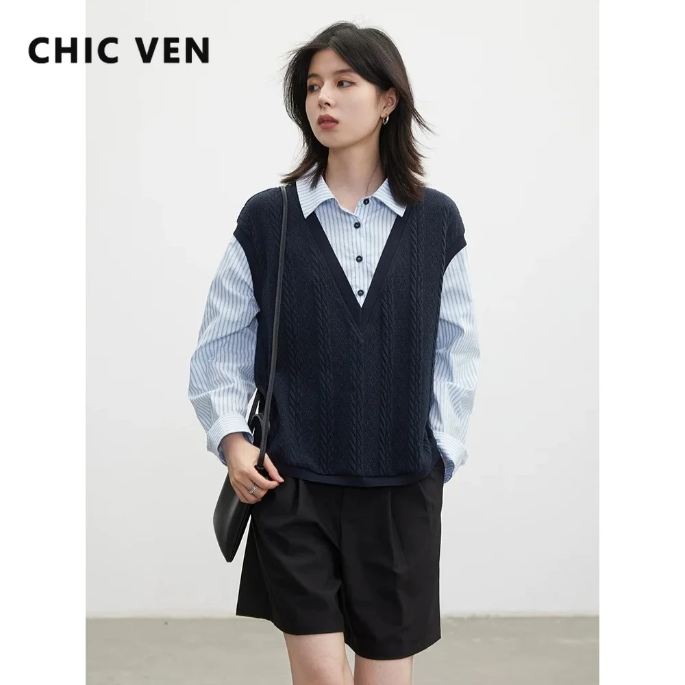 CHIC VEN Women Sweaters Loose Casual V-neck Knitted Vest Patchwork Lapel Shirt Fake Two Piece Shirt Pullovers Spring Autumn 2026