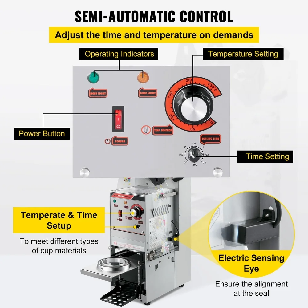 Halbautomatischer Getränkedeckel-Applikator, 300–500 Tassen pro Stunde, einstellbare Dichtungszeit, Bedienfeld, Tassen mit 90–95 mm Durchmesser