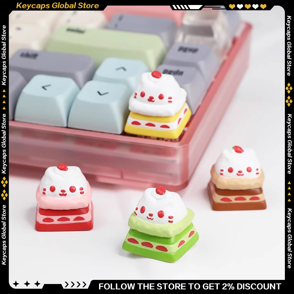 

Cute Strawberry Cat Cake Keycaps Resin Personalized Print Kawaii Girl Pink Cat 3D Key Cap for Mechanical Keyboard Gifts