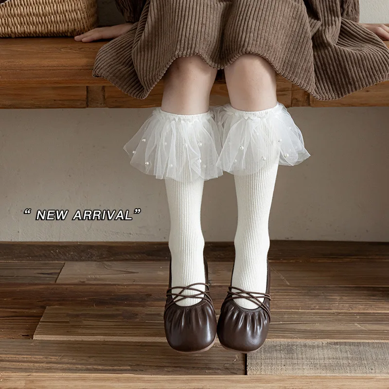 1 Pair Sweet Calf Socks for Kids Girls Pearl Embellished Ruffle Large Lace Trim Princess Knee Socks Korean Fashion Spring Autumn
