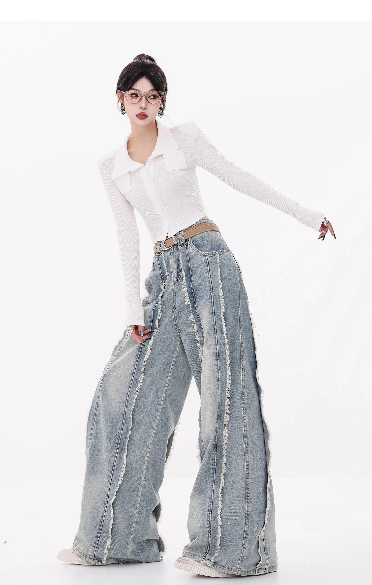 Autumn and Winter Raw Edge Design Y2K Streetwear Washed Blue Baggy Stacked Jeans Pants Women Wide Leg Straight Loose Trousers