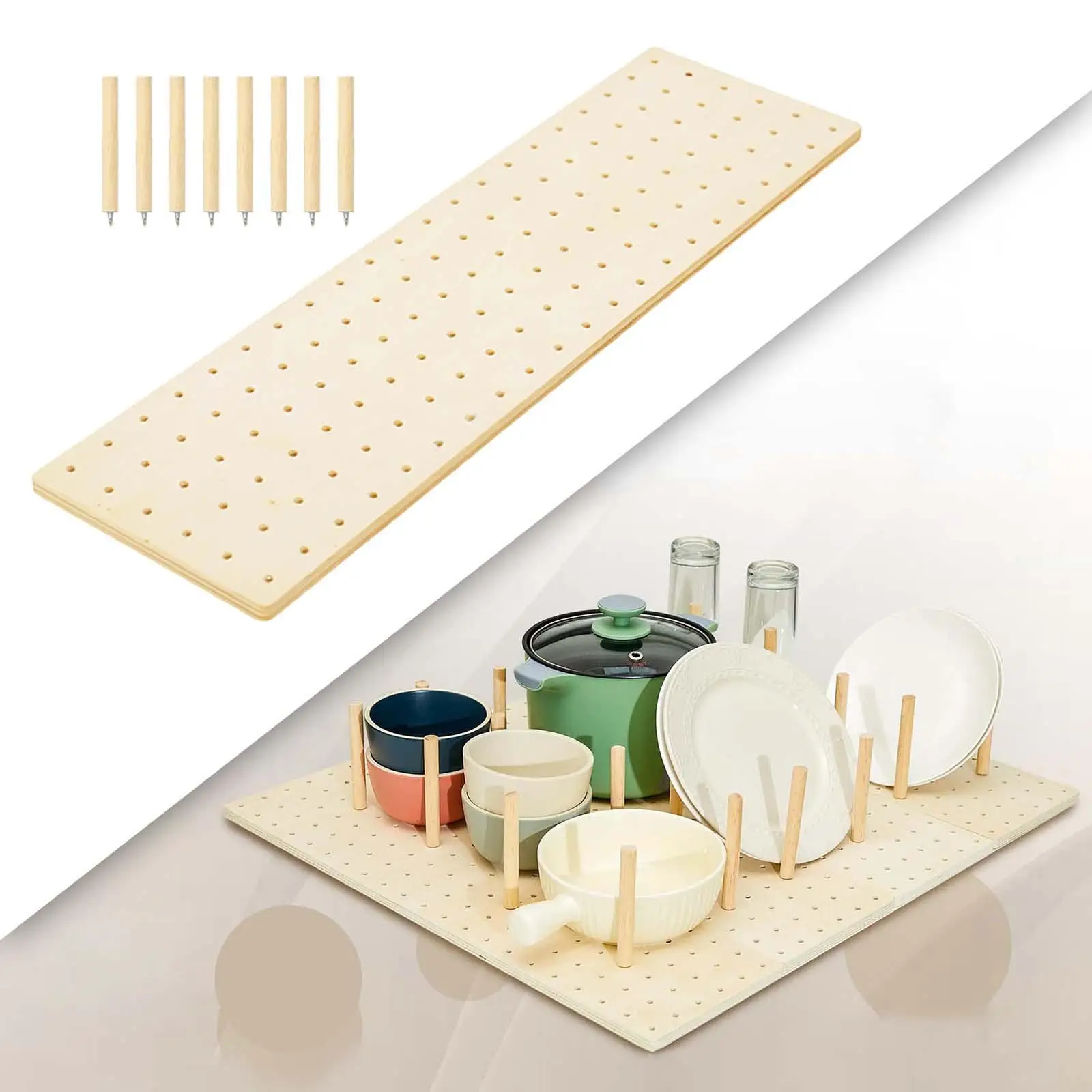 

Wood Pegboard Drawer Organizer with Pegs Organization Kitchen Drawer Plate Organizer for Tableware Pot Utensils Cookware