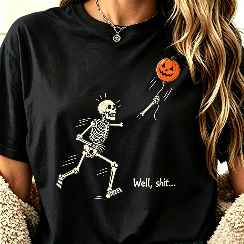 Vintage Funny Skeleton and Puppy Bone Balloon Graphic T Shirt Unisex Crew Neck Short Sleeve Tee Halloween Humor Casual Cotton