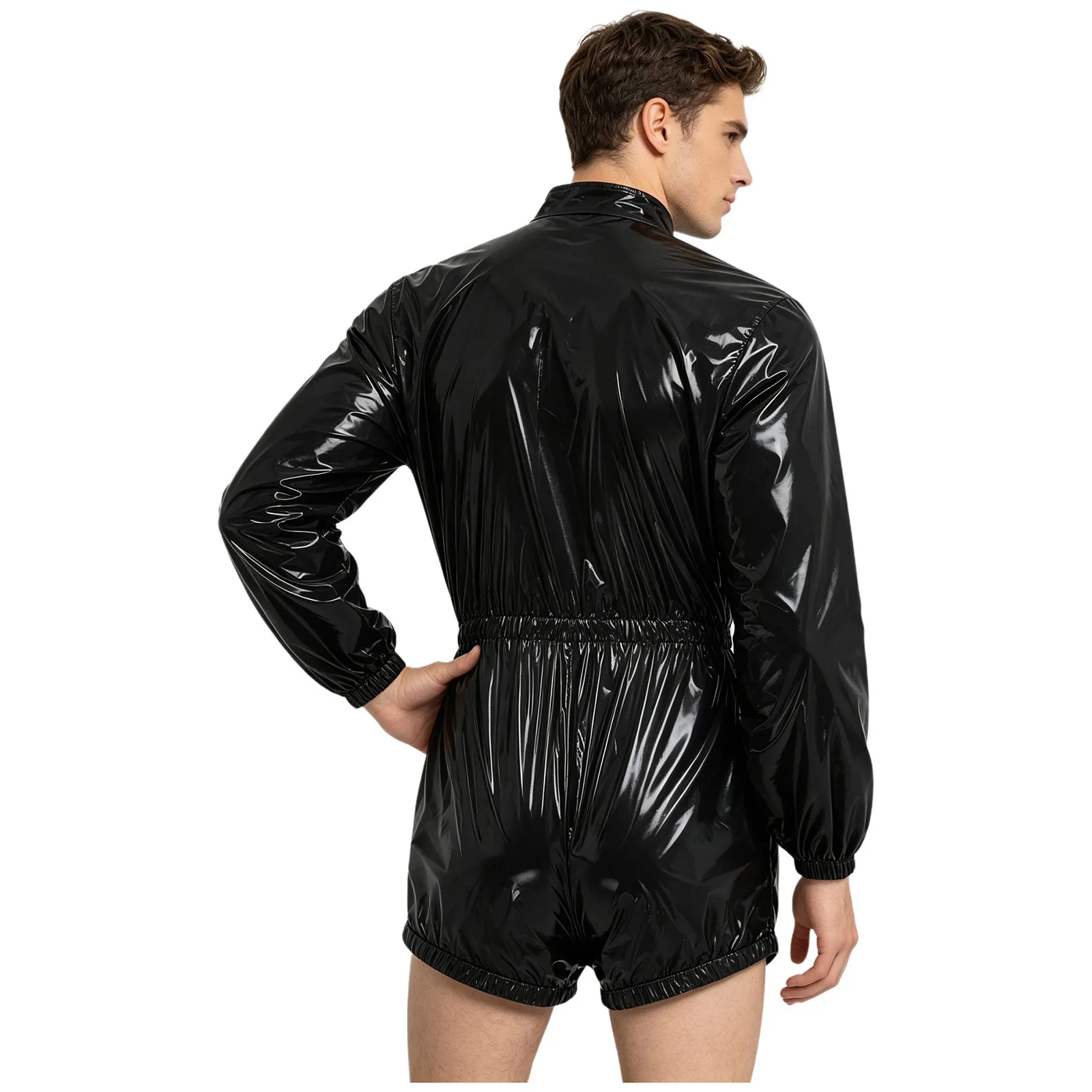 Mens Glossy Bodysuit Waterproof Diaper Cover Adaptive Jumpsuit Long Sleeve Elastic Waist Zipper Button Rompers Swimwear Clubwear