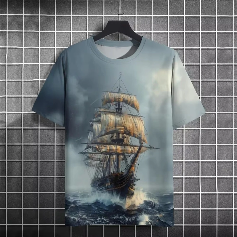 New In Sailboat Graphic T Shirts For Men Fashion Trend Short Sleeve 3D Printed Kids T-shirts Loose Streetwear Harajuku Tees Tops