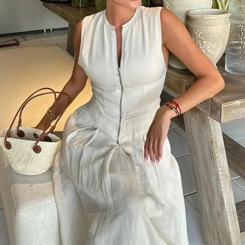 فساتين للنساء 2026 فساتين متوسطة الطول جديدة TRAF سستة فستان طويل امرأة مطوي بلا أكمام Bodycon فستان الصيف حفلة أنيقة #2