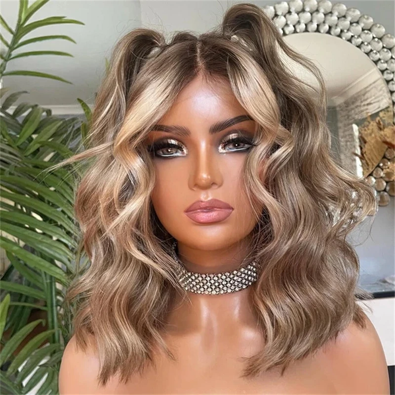 

Free Party Wig Ombre Коричневый Блондин Парик Шнурка с Темными Корнями Высококачественный Синтетический Парик Короткий Боб Плечо Натуральная Волна Женские Парики