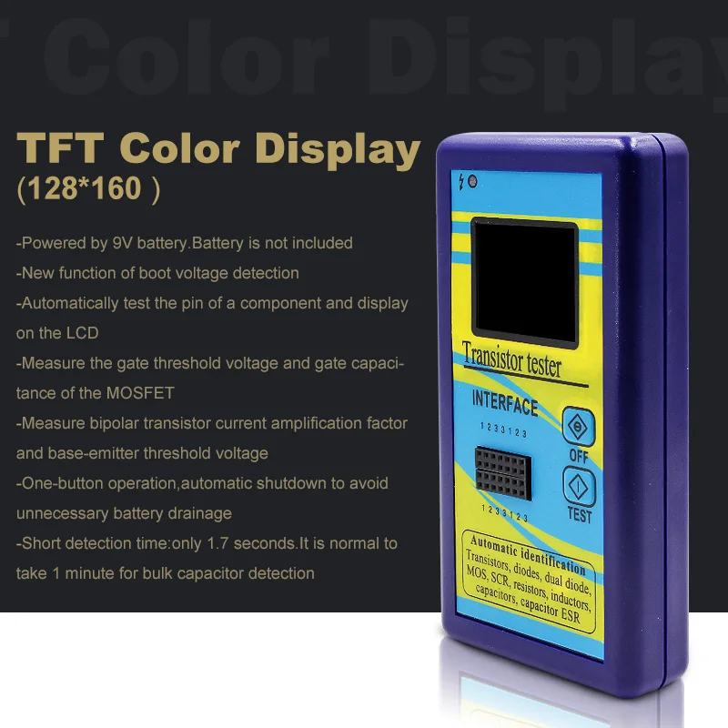 Multi-purpose Transistor Tester 128*160 Diode Thyristor Capacitance Resistor Inductance MOSFET ESR LCR Meter TFT Color Display