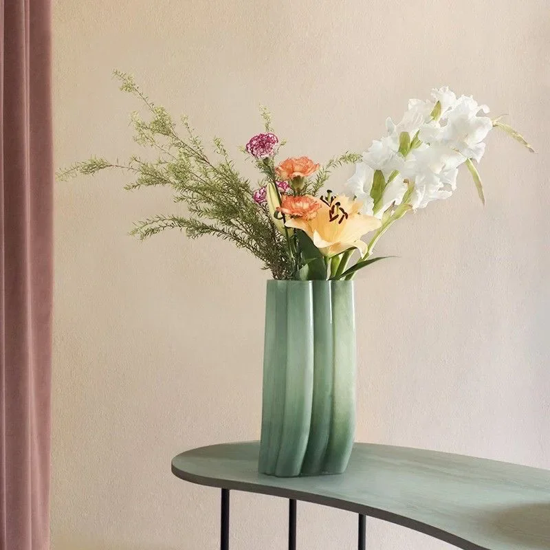 Jadeite Green Glass Crystal Vase Decoration Home Livingroom Table Flower Arrangement Furnishing Ornament Office Desk Accessories