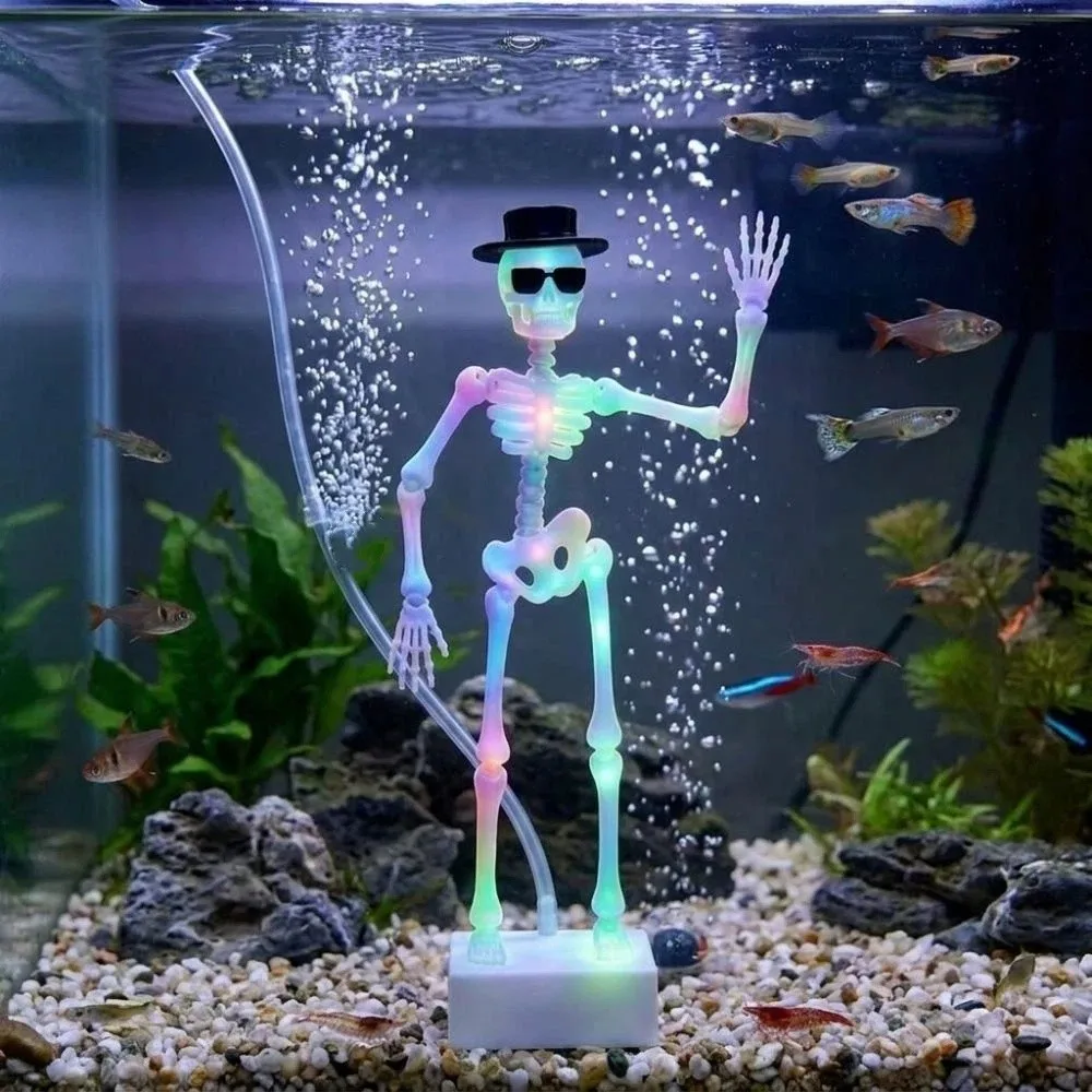 3D Printed Dancing Skeleton Aquarium Bubbler Wear Hat Sunglasses Plastic Dynamic Skeleton Bubbler with Air Tube Gothic