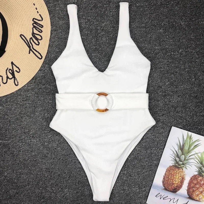2025 White Ribbed Women Swimwear One Piece Swimsuit Female Bather Sexy High Cut Monokini Rings Belt Bathing Suit Swim Bodysuit