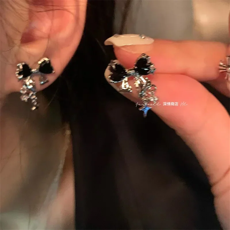 Y2K Bowknot Zircon Stud Earrings for Women Fashion Korean Silver Color Pink Crystal Personality Earring Girl Party Jewelry Gifts
