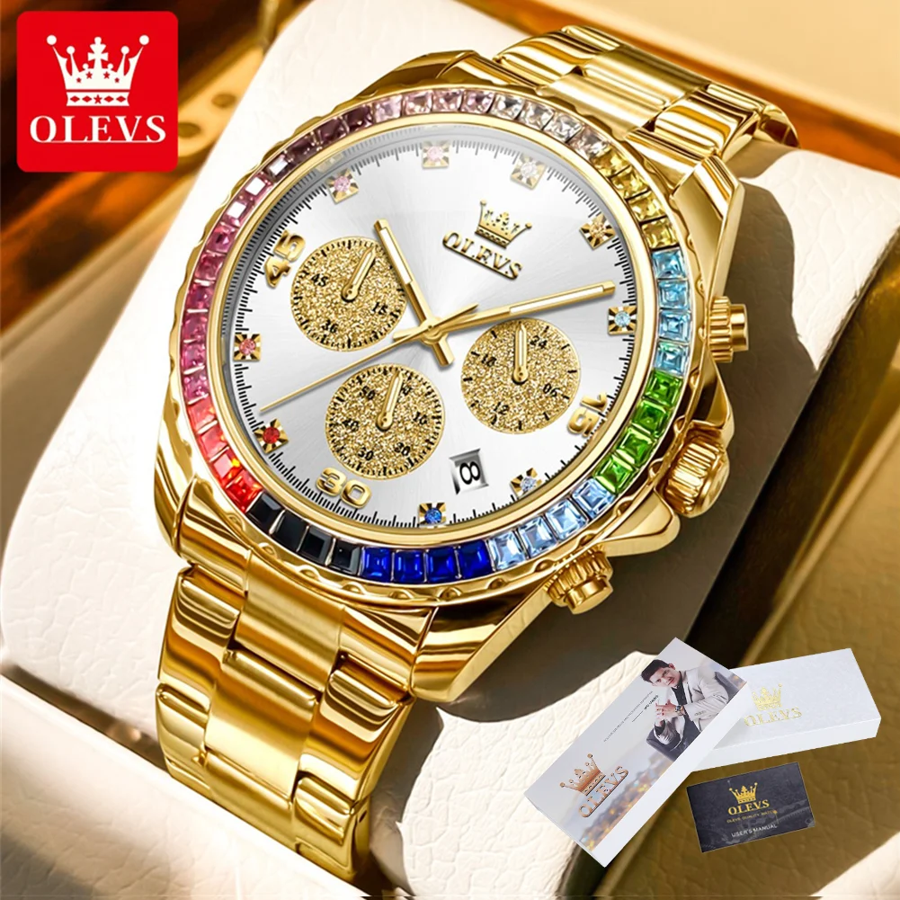 OLEVS Colorful Diamond Men Watch Multi functional Stainless Steel Waterproof Timing Code Luxury Original Brand Men Quartz Watch