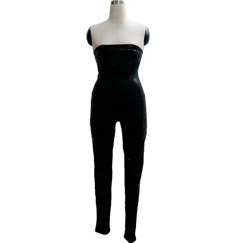 女性黒のフェイクレザーオフショルダージャンプスーツボディスーツセクシーなエロナイトクラブ着用ラテックスストラップレス Wetlook キャットスーツボディスーツ