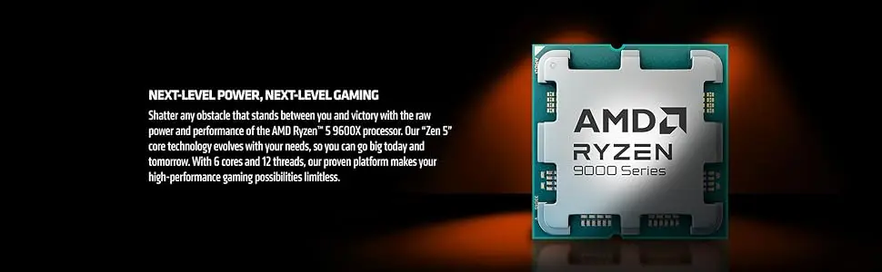 AMD Ryzen 5 9600X 6-Core 12-Thread Desktop Processor, 5.4GHz Max Boost Clock, AM5 Socket, 65W TDP, 32MB L3 Cache, PCIe 5.0 Support, DDR5 Memory Compatible, High Performance Gaming CPU for PC Builds,fan not included
