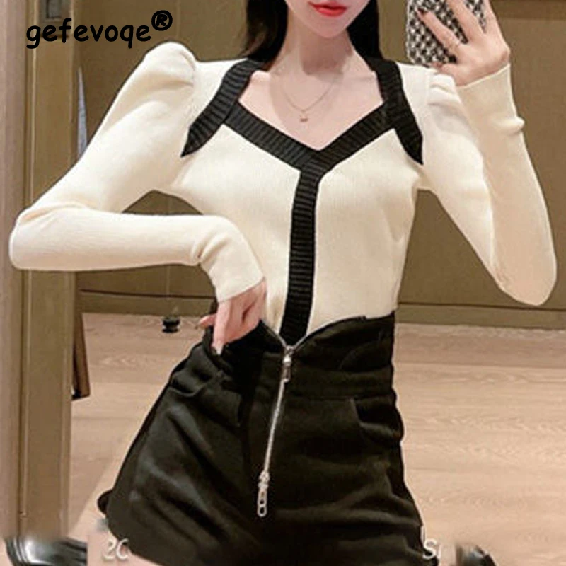 

Clothes for Women Korean Fashion Contrast Color Patchwork Basic Knitted Sweater Sweet Chic V Neck Long Sleeve Slim Pullover Tops