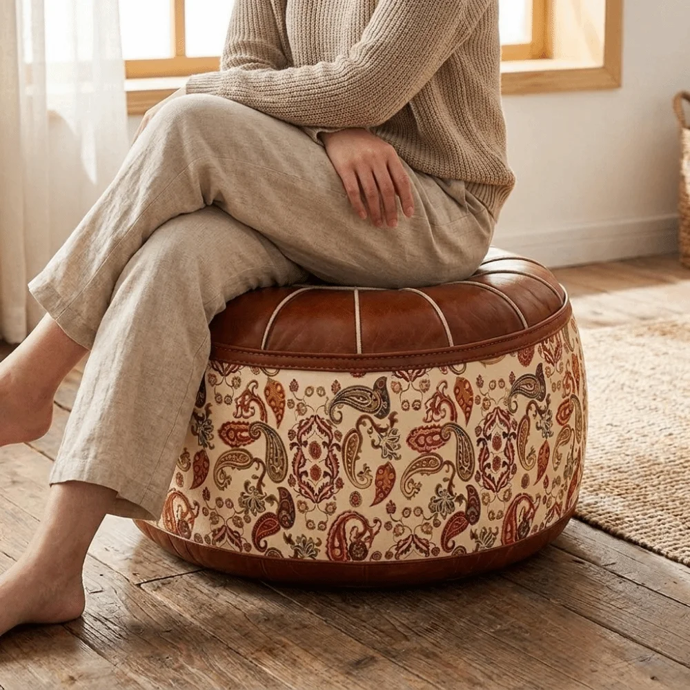 PU Leather Seat Cushion Cover Unstuffed Vintage Sofa Stool Cover Large Capacity Waterproof Round Footstool Cover Leisure