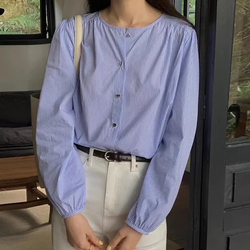 Striped Round Neck Love Buttons Long Sleeve Shirt Spring Summer Women Elegant Long Sleeve Blouse Casual Fashion Versatile Shirt