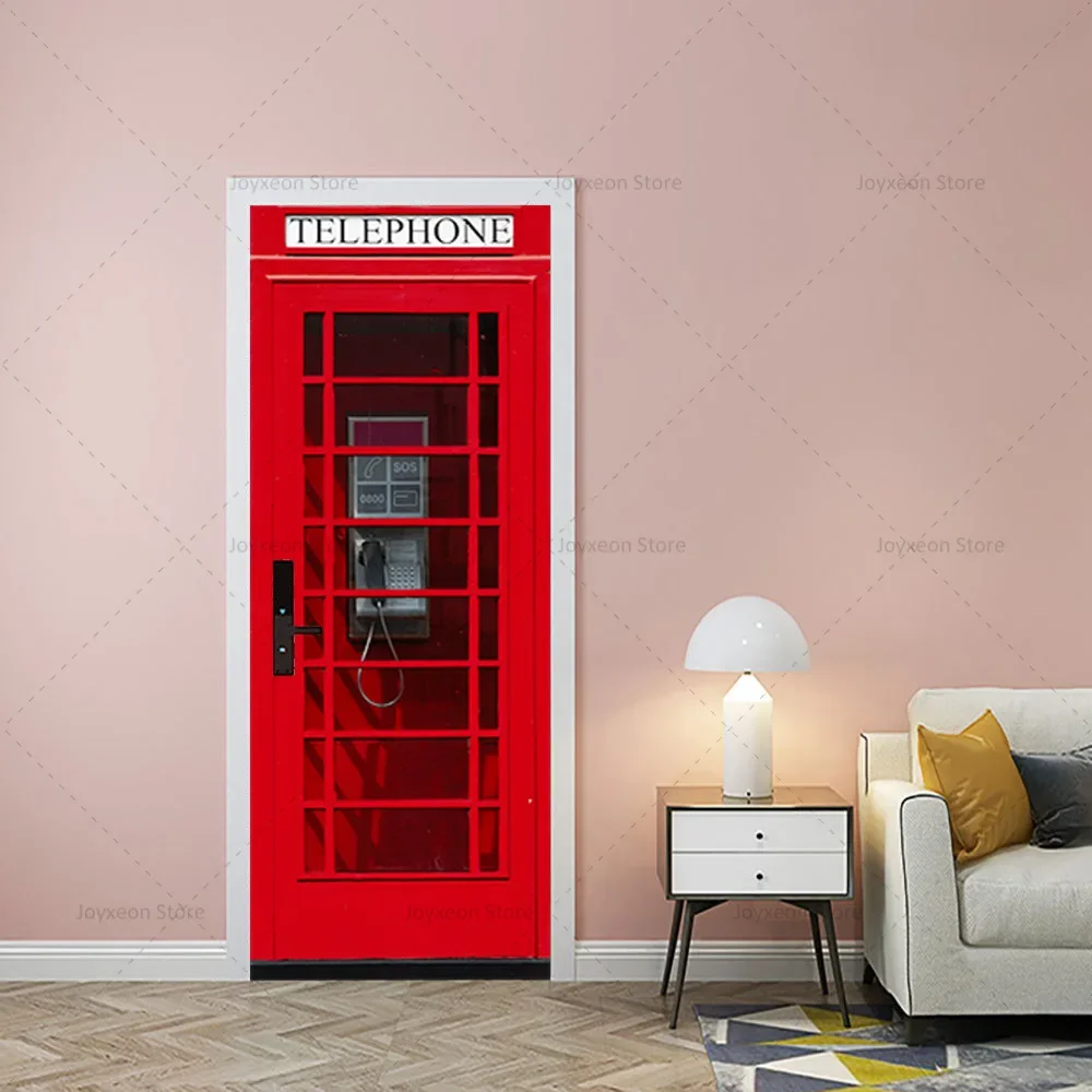 Retro Telephone Booth Door Sticker Bookcase Wine Cabinet Container Poster Vinyl PVC Waterproof Self-Adhesive Door Sticker