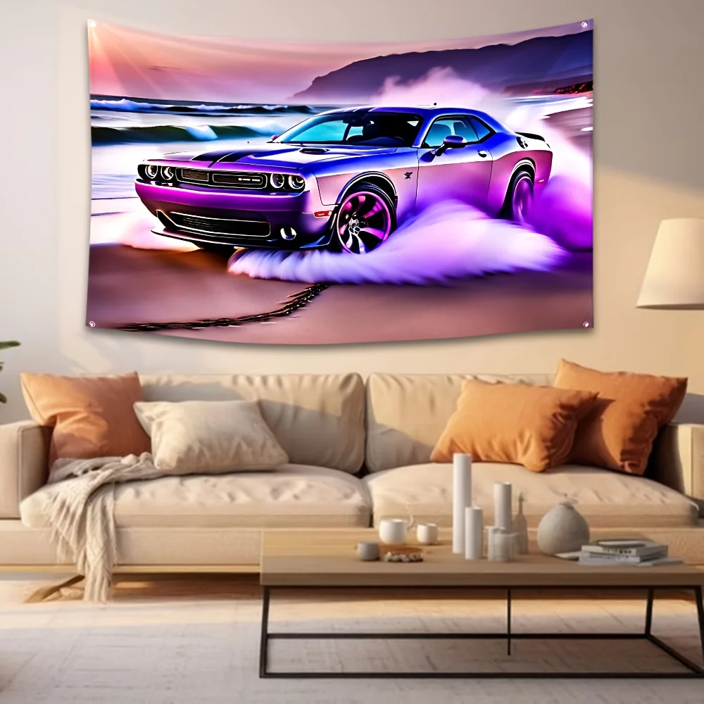 Vibrant Purple Dodge Challenger Tapestry, Muscle Car Drifting on Beach Wall Hanging, Car Lover Room Decor suitable offices bars