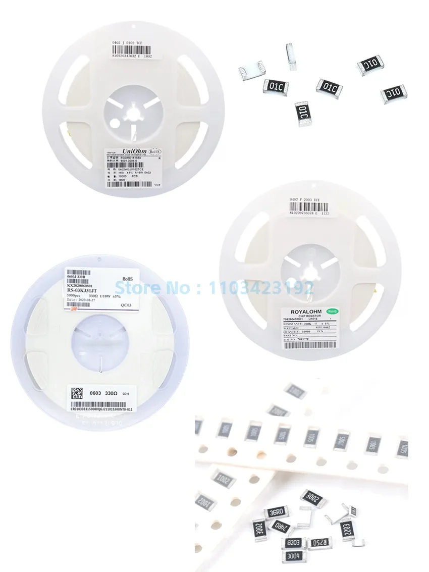 Resistor de filme fino de alta precisão, 0603, 1608, 7.32R, 7.5R, 7.68R, 7.87R, 8.06R, 8.2R, 8.25R, 8.45R, 8.66R, 8.87R, Ω, 0,1%, 100pcs