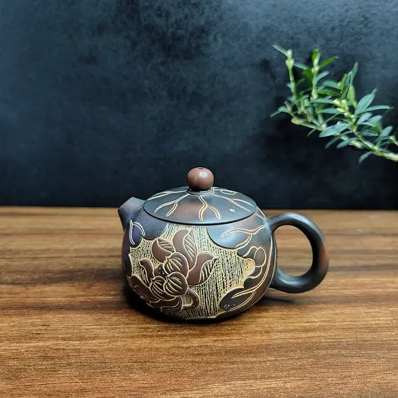 Qinzhou Nixing Pottery Teapot Famous Handmade Raw Mineral Ni Material Floating Carving Lotus Small Capacity Tea Set
