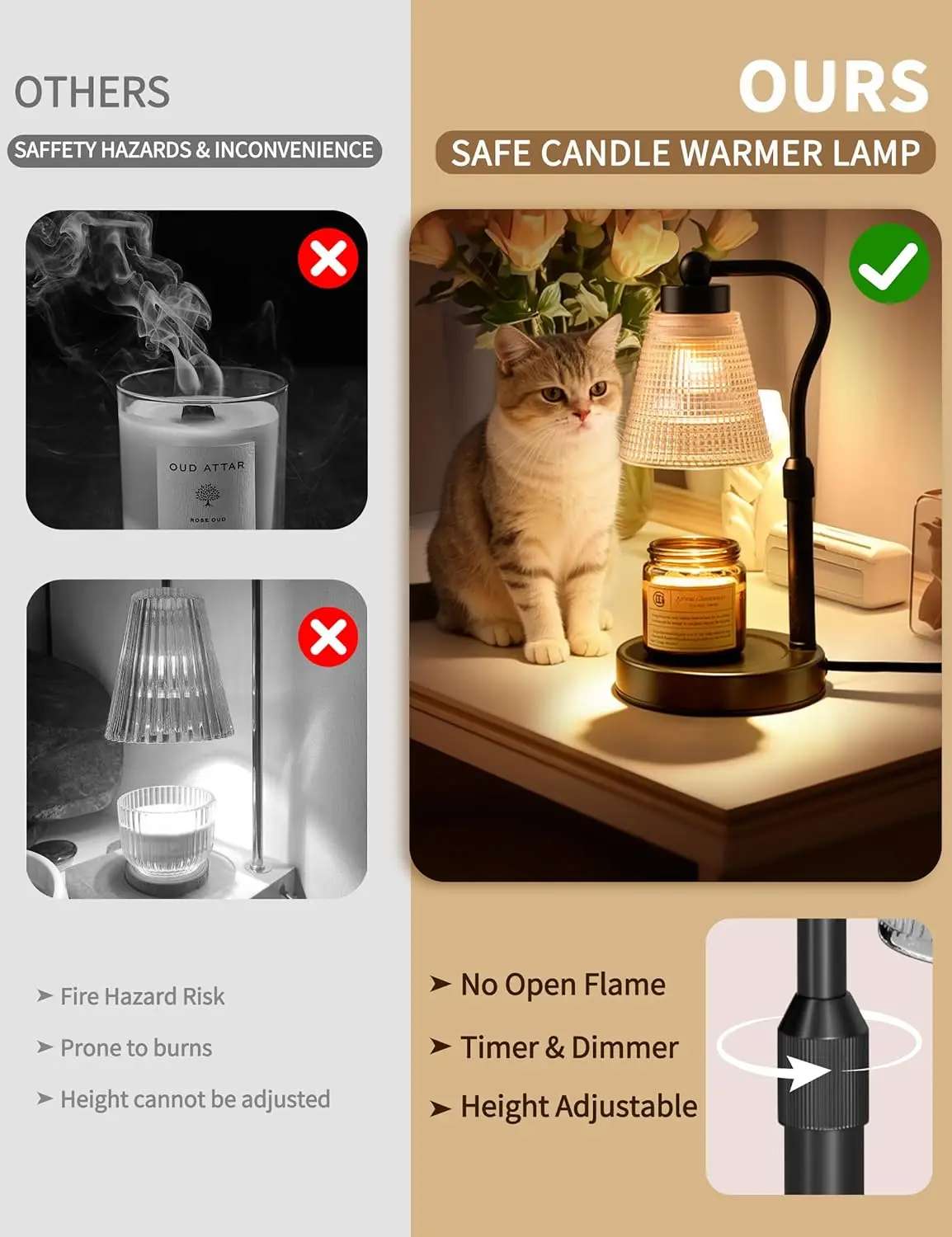 Candle Warmer Lamp for Jar Candles, Height Adjustable & Dimmable with Timer, Flameless Wax Melter for Home Office Décor