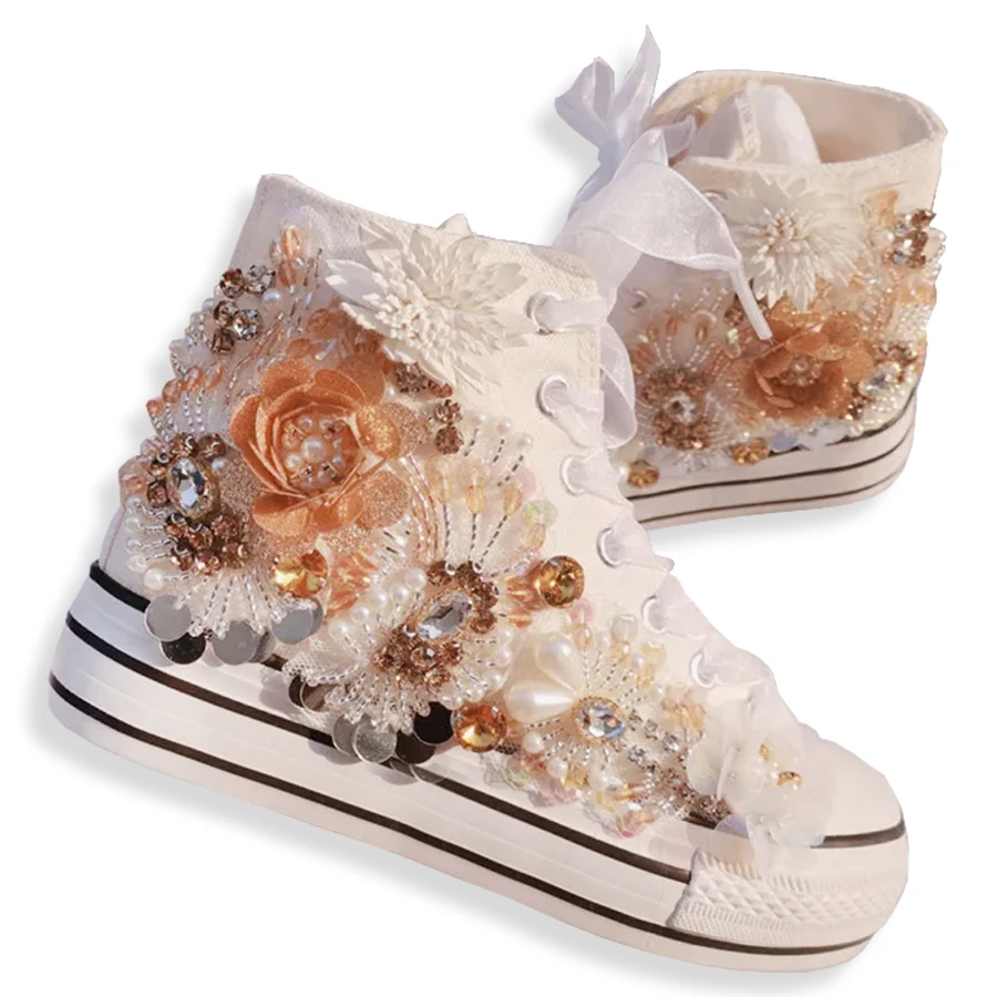 2022 original handmade rhinestone sequins increased flower canvas shoes platform sports women\'s casual shoes white sneakers