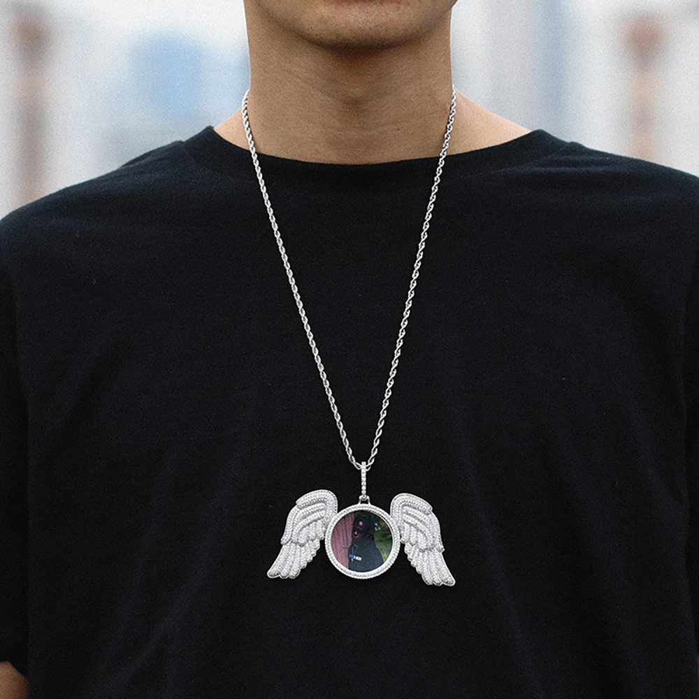 Angel Wings Medallions Custom Photo Pendant Necklace Hip Hop Jewelry Iced Out Pendant Free Custom Engraved Name Memory Gift Men