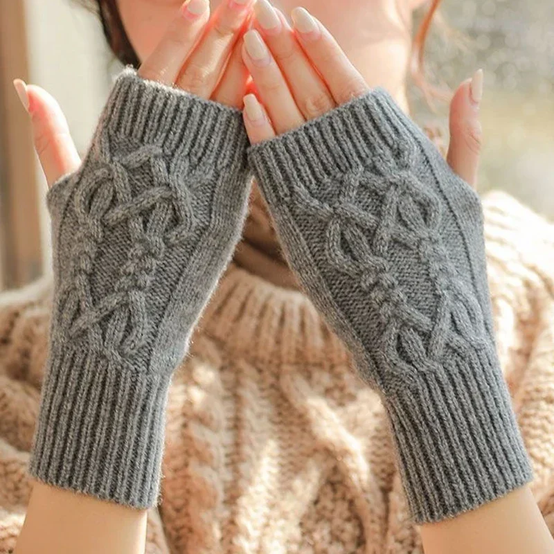 Women Winter Fingerless Gloves Warm Plush Wool Knitted Mittens Elegant Wrist Arm Hand Half Finger Elastic Short Gloves Guantes