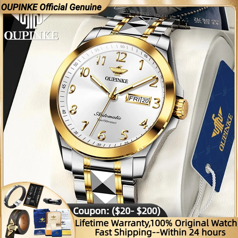 

OUPINKE 3228 Digital Watch for Men Dual Calendar Display Tungsten steel Strap TOP Luxury Automatic Mechanical Men Hand Clock