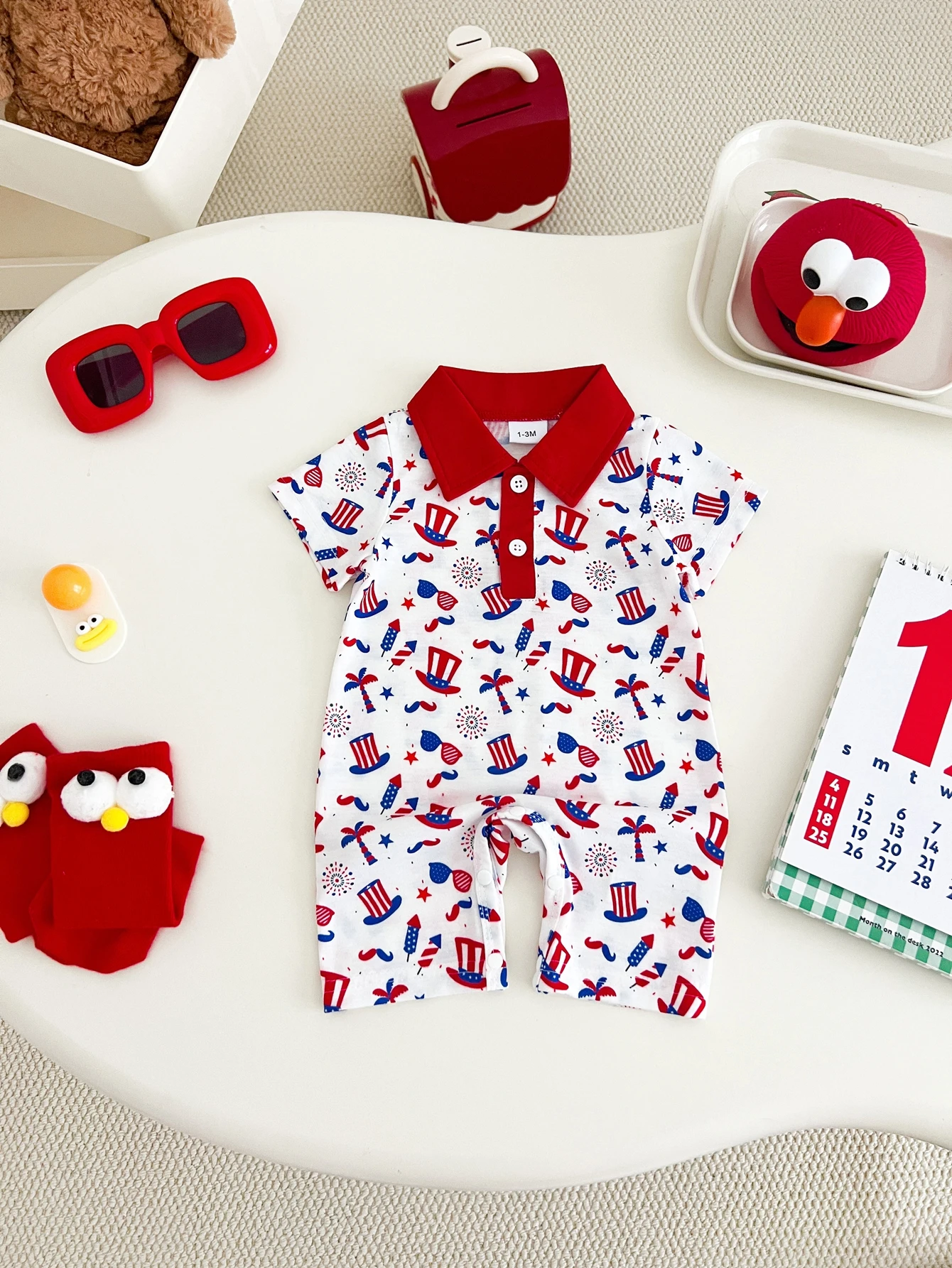 Baby Boys and Girls Independence Day Themed Pattern Polo Collar Short-Sleeve Romper, Casual Short-Sleeve Jumpsuit, Summer Children's Clothing, Perfect for Everyday Wear and Outdoor Activities