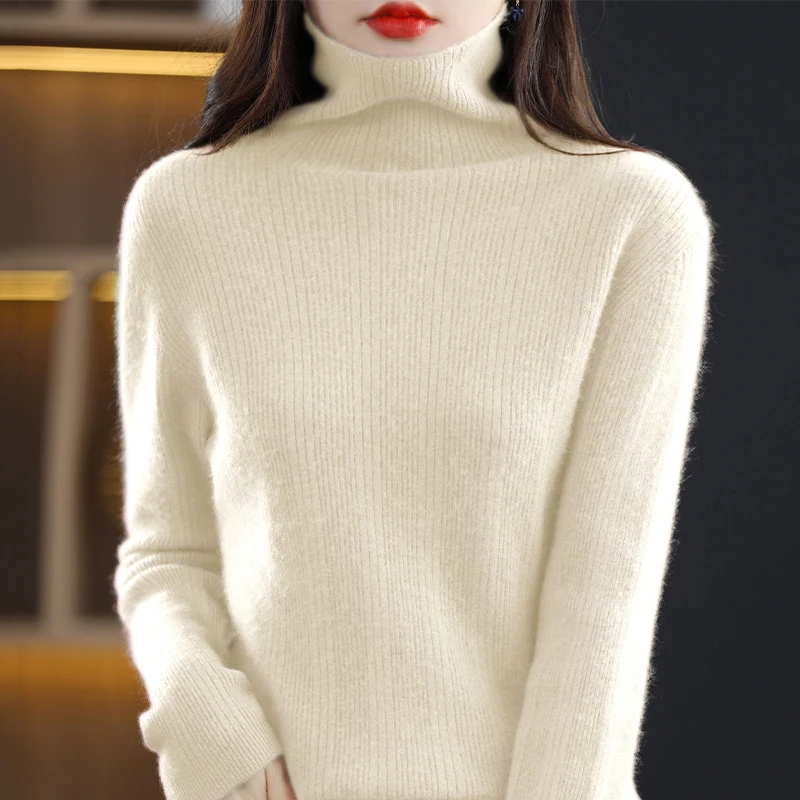 Women's Wool Blend Sweater, Pile Collar, Vertical Stripe Pullover, Casual Knitted Tops, Female Soft Sweater, Autumn, Winter, New