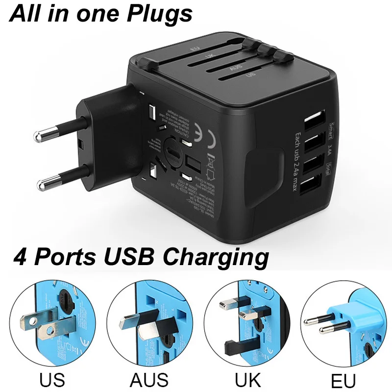 

AC Travel Plug Universal Socket Power Adapter provide EU/UK/USA/AUS 4 types Plug+4 Ports 5V2.4A Fast Charging for Phone Camera